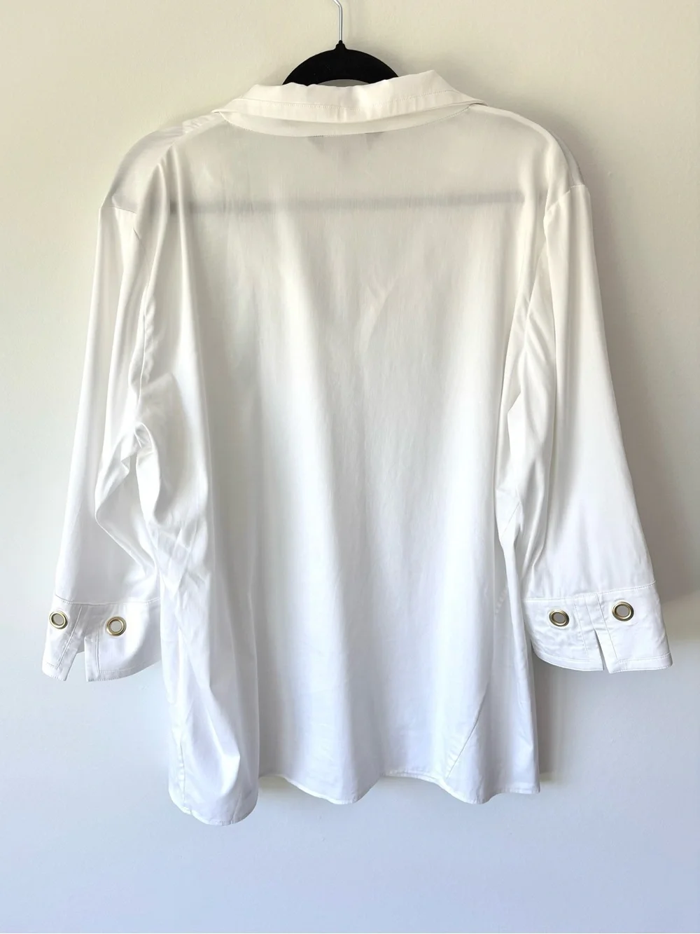 Ming Wang White Sheer Button Down Blouse Gold Grommet Eyelet Quiet Luxury